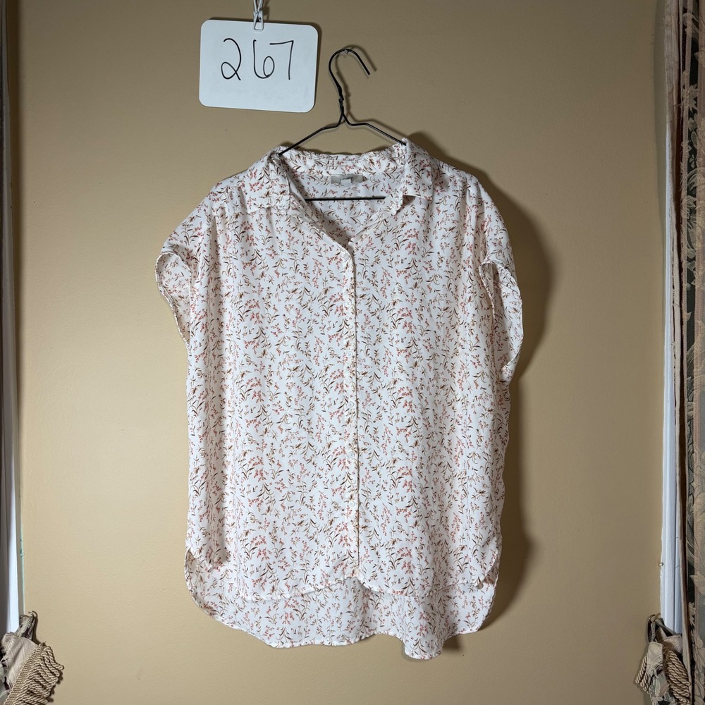 Loft Outlet Womens XL Floral Button Down Blouse Short Sleeve Pink White Top